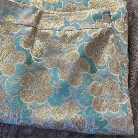 Antonio Melanie Metallic Pencil Skirt Women’s Size 0 Teal Gold Floral Brocade - Picture 7 of 9